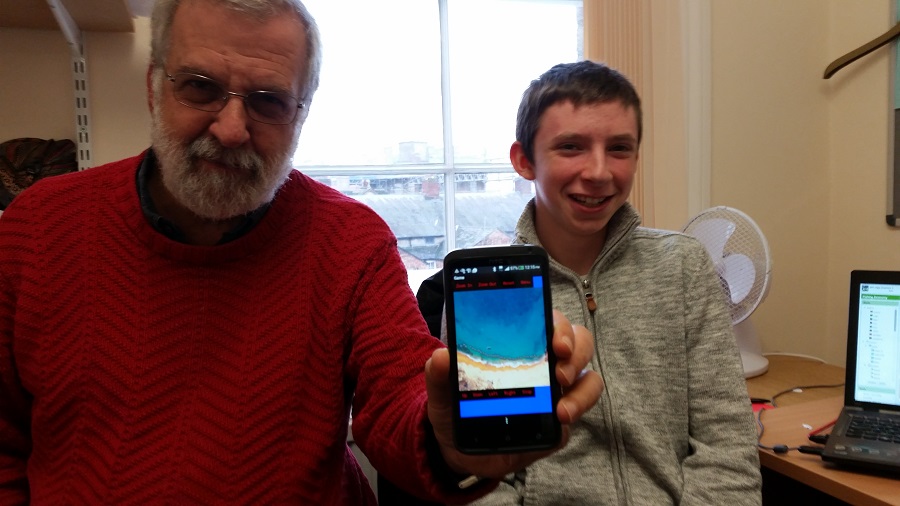 Luke Norris, Ken Kahn and the fishing prototype created using the MIT app inventor