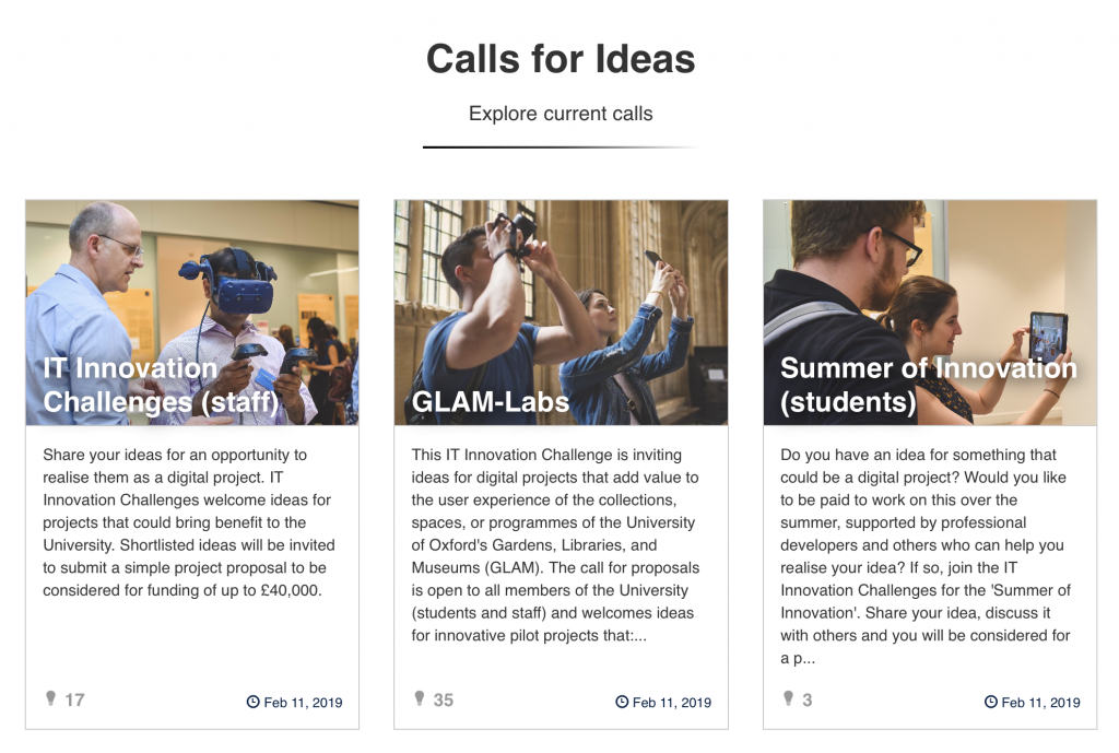 Screenshot of the three calls for ideas on the OxfordIdeas platform