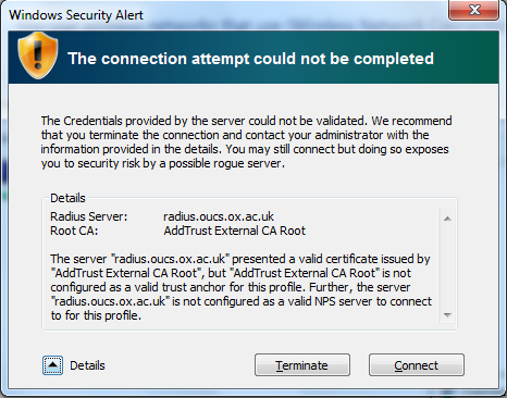 Certificate validation error dialog on Windows 7