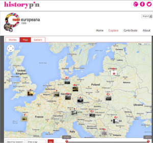 Map interface of Europeana 1989 Map showing 'pins' of images